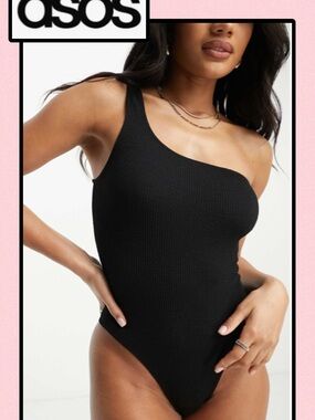 🆕 ASOS Black One-Shoulder Textured Bodysuit One Size